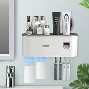 JUNLIN Toothbrush Holder for Bathroom, Toothpaste Holder and Dispenser,Wall Mounted Toothbrush Cup Holder with Brush Sink, Cup, Cosmetic Drawer and Storage Tray White