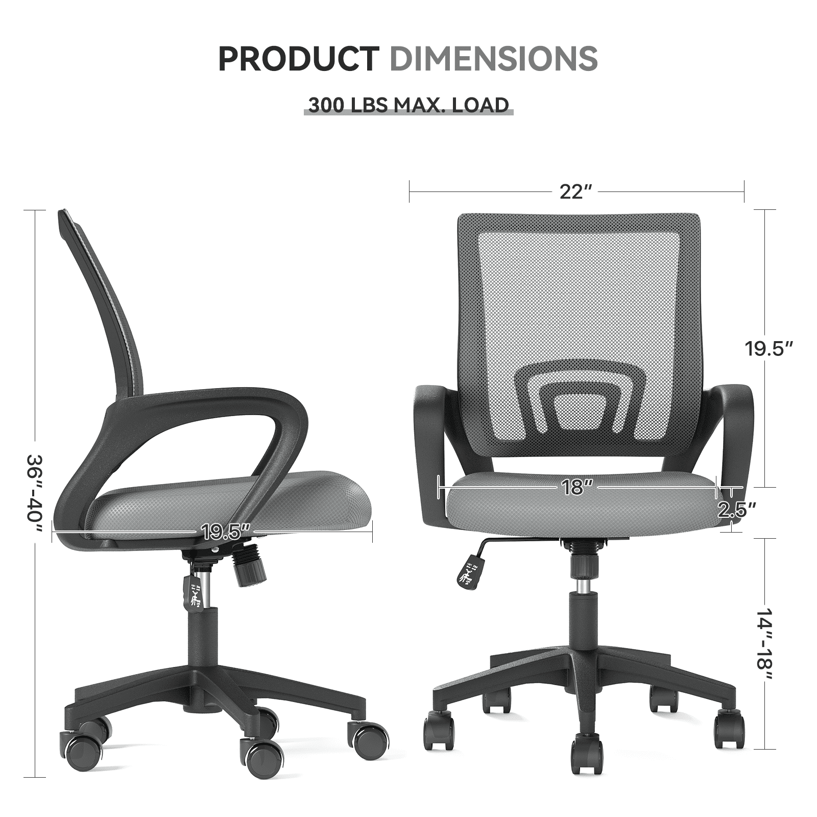 OSM 2-Pack Ergonomic Mesh Office Chairs, Mid-Back Desk Chair with Lumbar Support, Swivel Computer Task Chair for Home Office, Gaming & Study, 300 lbs Capacity, Light Grey