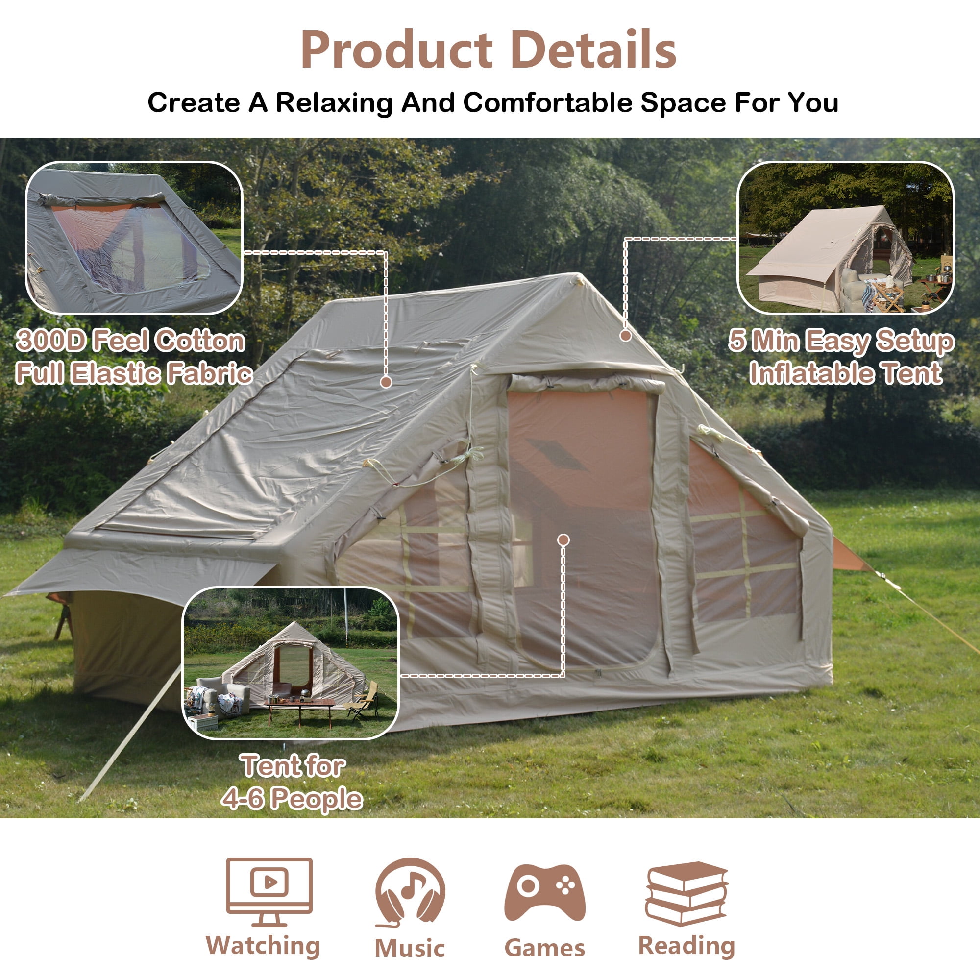 Homefun Inflatable Camping Tent 4 Season Glamping Airbeam Technology 4-6 Person Waterproof Windproof Self-Supporting Instant Setup Portable Outdoor Shelter for Family