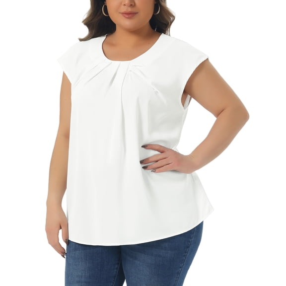 DARING DIVA Women's Plus Tank Tops Pleated Crewneck Casual Work Shirts 1X White
