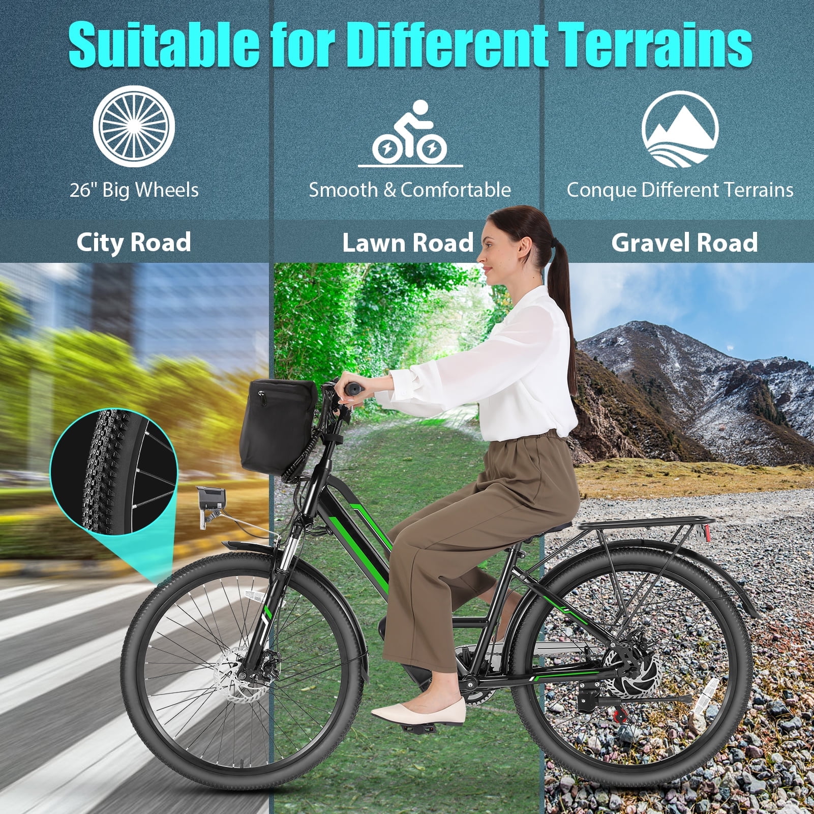 Elifine 500W Electric Bike for Adults, 26" Commuter Electric Bicycle 19.8mph City Ebike with 5 Riding Modes, 48V 7.8Ah Removable Battery UL 2849, LCD Intelligent Display Hybrid Electric Bike Green