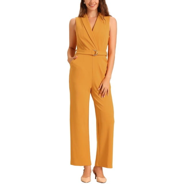 INSPIRAR CHIC Mono Corto Sin Mangas con Solapa para Oficina con Cinturón en Color Amarillo