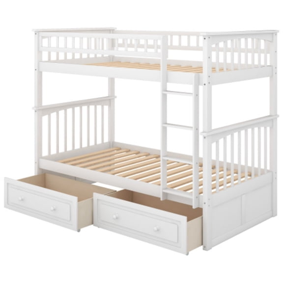 Twin Over Twin Bunk Bed with Storage Drawers, Convertible Wood Bunk Bed with Safety Guardrails, Solid Pine Wood Kids Bed Frame for Bedroom, White