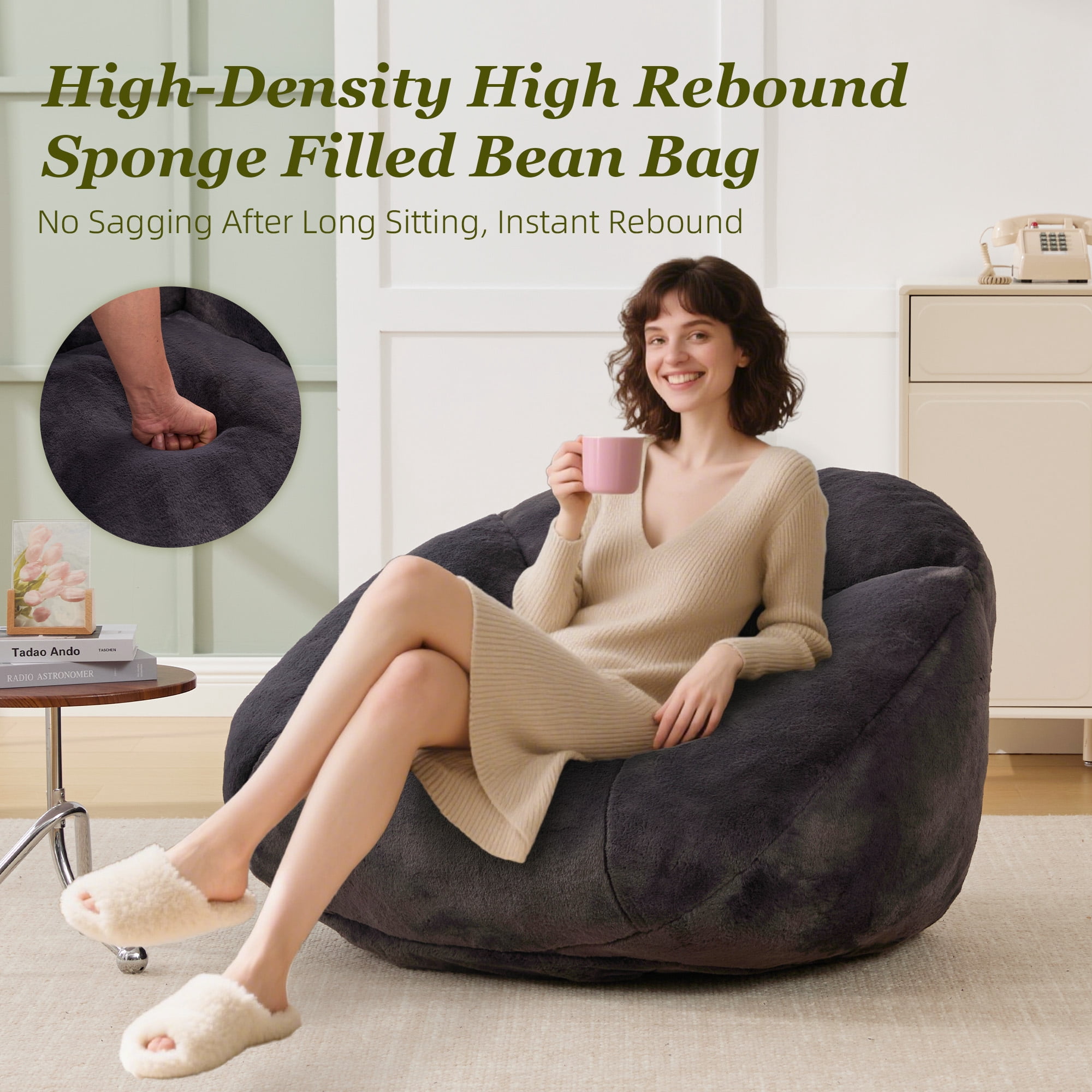 MOONMISS Bean Bag Chair for Adults & Teen,Floral Shaped Memory Foam Deep Sink-in Breathable Faux Fur Bean Bag Sofa,Easy to Clean for Living Room & Dorm,Dark Gray