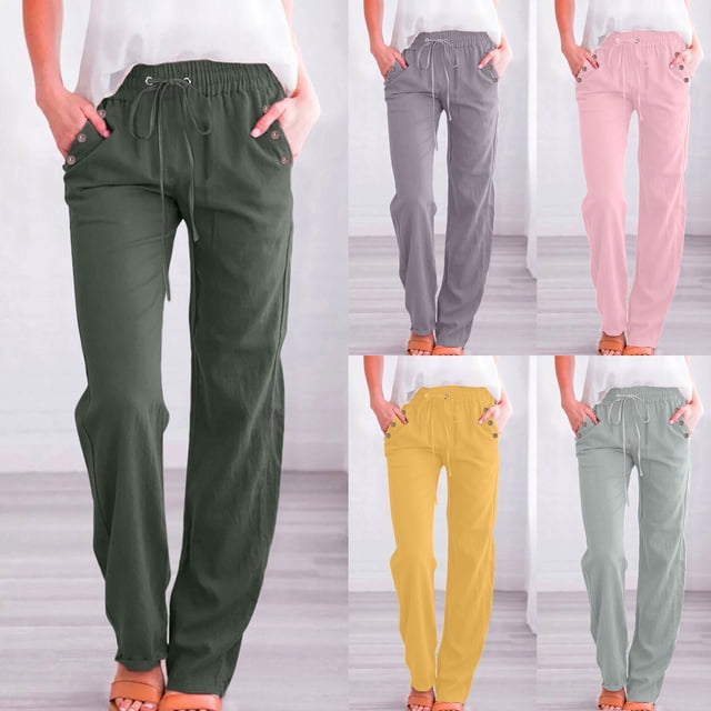 Sentmoon Womens Linen Pants Solid Color Drawstring Elastic Waist Spring Pants Oversized Relaxed Fit Button Straight Leg Summer Clothes with Pocket for Summer and Hot Weather