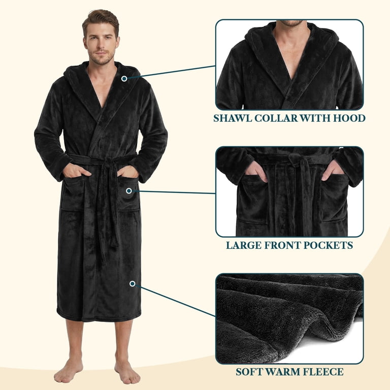 Pavilia Men's Hooded Lightweight Fleece Bathrobe, Black photo 2