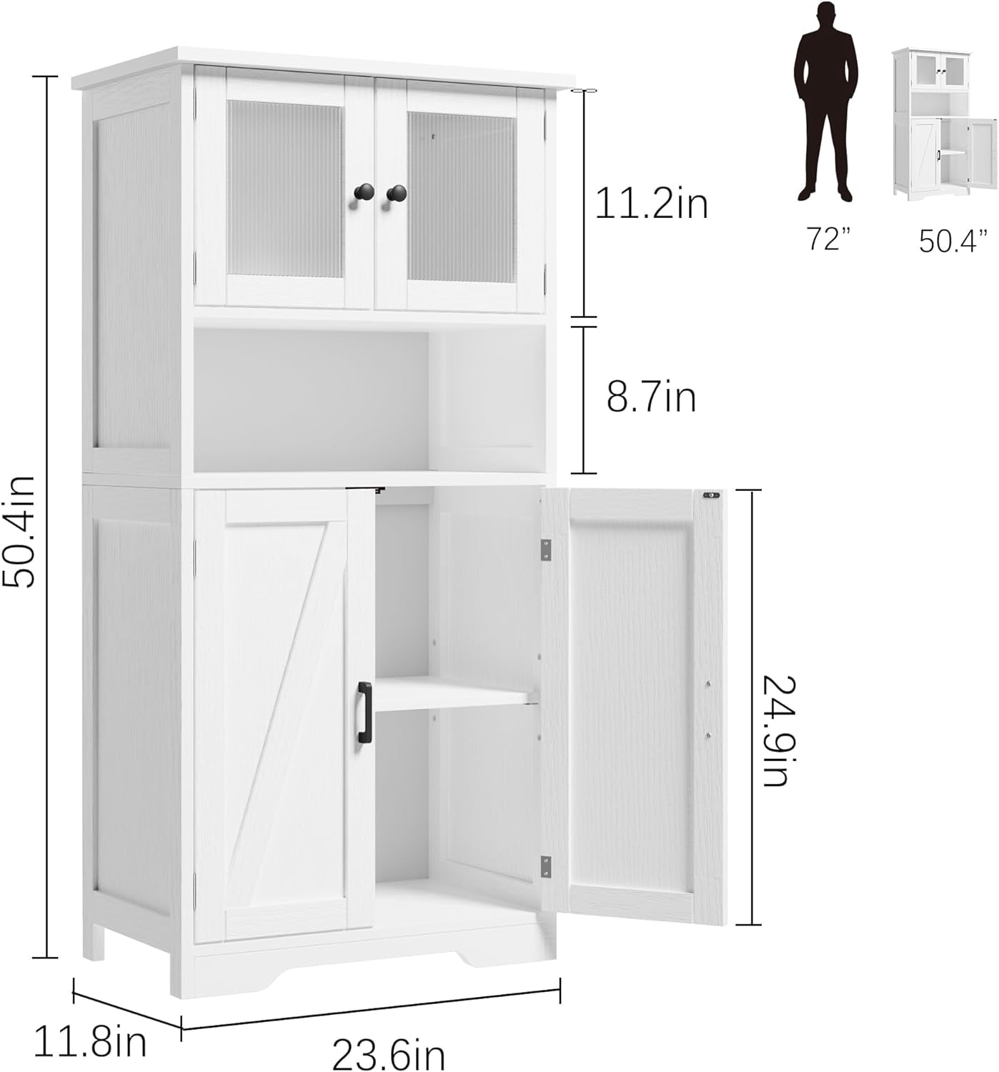 Freestanding Linen Storage Cabinet with Glass Doors, Versatile Kitchen Pantry and Living Room Cupboard with Adjustable Shelves (White)
