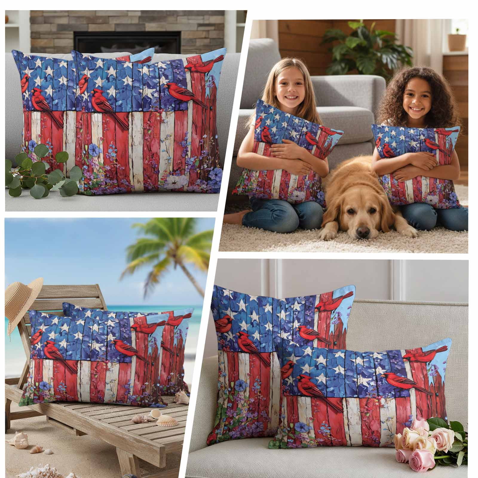 Cardinal Bird Flower Pillow Covers 2 Pack 4th of July Pillowcase Waterproof Outdoor Throw Pillow Cover for Patio Garden Square Cushion 18”x18”