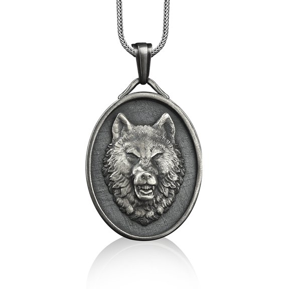 Angry wolf head medal necklace in sterling silver, Personalized animal pendant necklace for husband, Custom name pendant