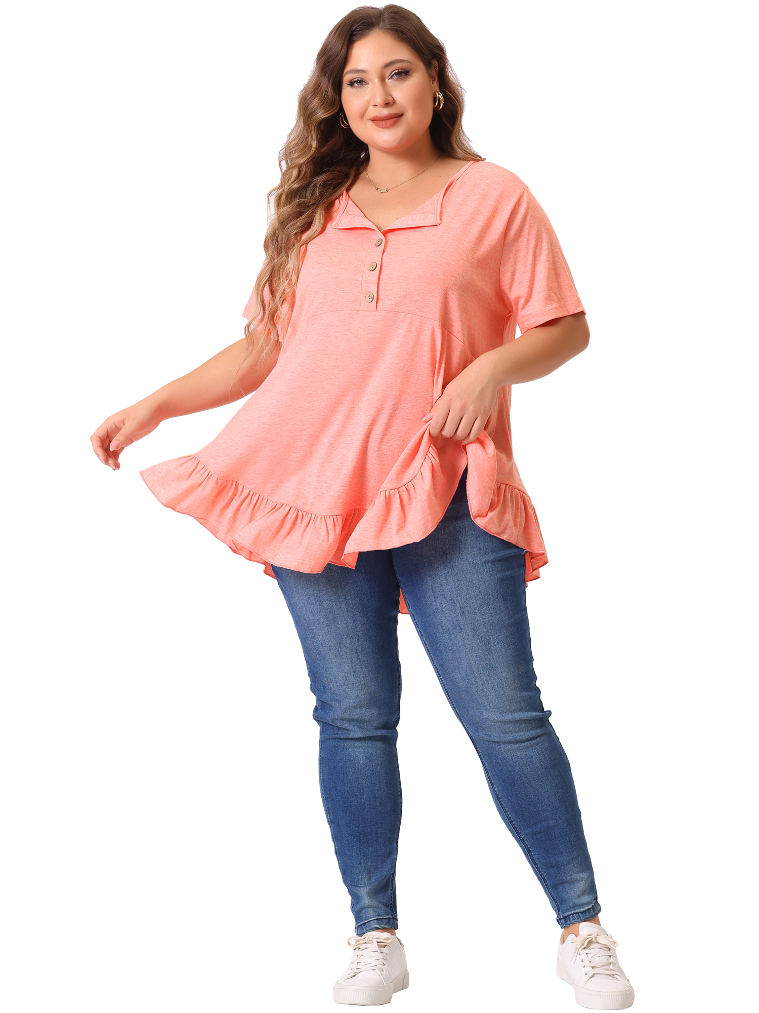 Women's Plus T Shirts Henley V Neck Button Up Short Sleeve Ruffled Hem Blouses Tops 4X Pink