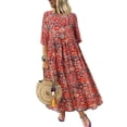 thumbnail image 2 of qILAKOG Women's Dresses Plus Size Summer&Autumn Casual 3/4 Sleeve Crewneck Swing Sundress Fit & Flare Flowy Tiered Maxi Dress Ethnic Style Printed Loose Ankle-Length Dress with Pockets Wine, 2 of 5