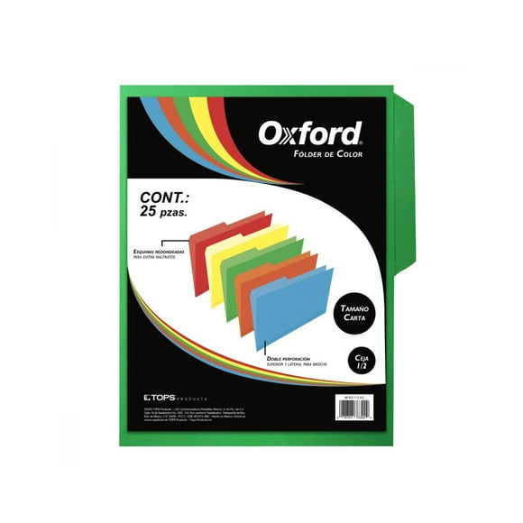Fólder de Color Verde, Oxford, Tamaño Carta, Ceja 1/2, paquete con 25.