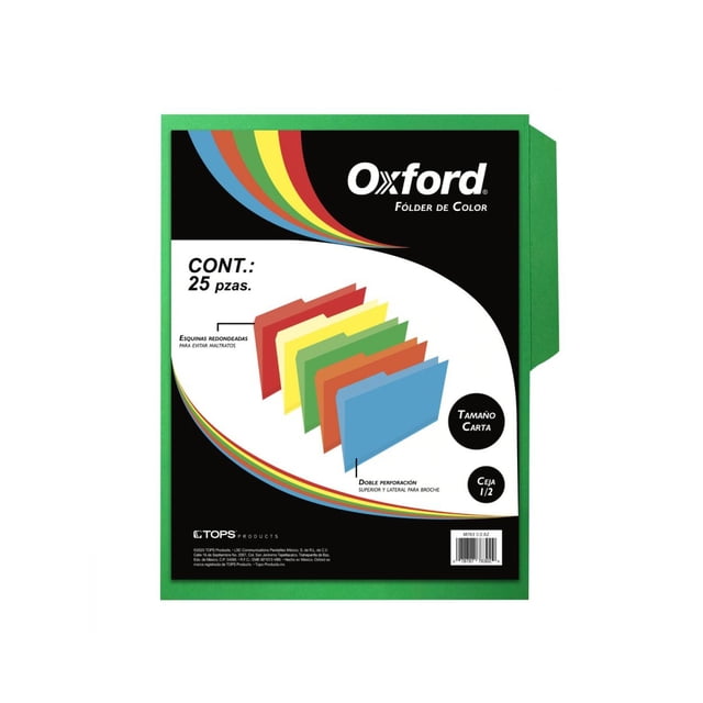 Fólder de Color Verde, Oxford, Tamaño Carta, Ceja 1/2, paquete con 25.