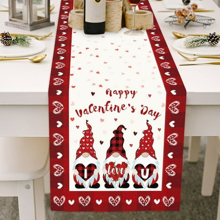 

Valentine s Day Table Runner Cotton Linen Love Heart Gnome Tables Cloth for Home Festival Party Romantic Dinner Decorati