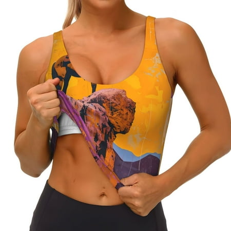 Qokaie Cliff Western Cowboy Pattern Womens Scoop Neck Sports Bra Breathable Workout Vest Padded U Back Medium Impact Fitness Gym Yoga Bra Workout Crop Top