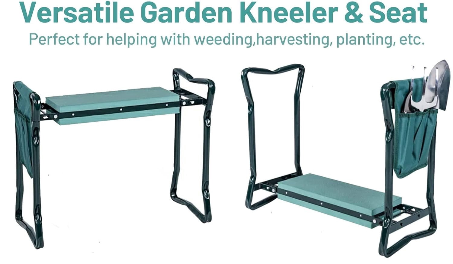 2-in-1 Garden Kneeler & Seat, Folding Seat w/EVA Foam Kneeling Pad & Removable Tools Pouch, Sturdy Steel Frame, No Assembly, Portable Heavy Duty Garden Stool for Women & Men