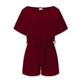 thumbnail image 3 of Femmes Manches Courtes O-Cou Courte Combinaison Solide Ceinturée Jambe Large Pantalon Coupe Ample Playsuit, 3 of 7