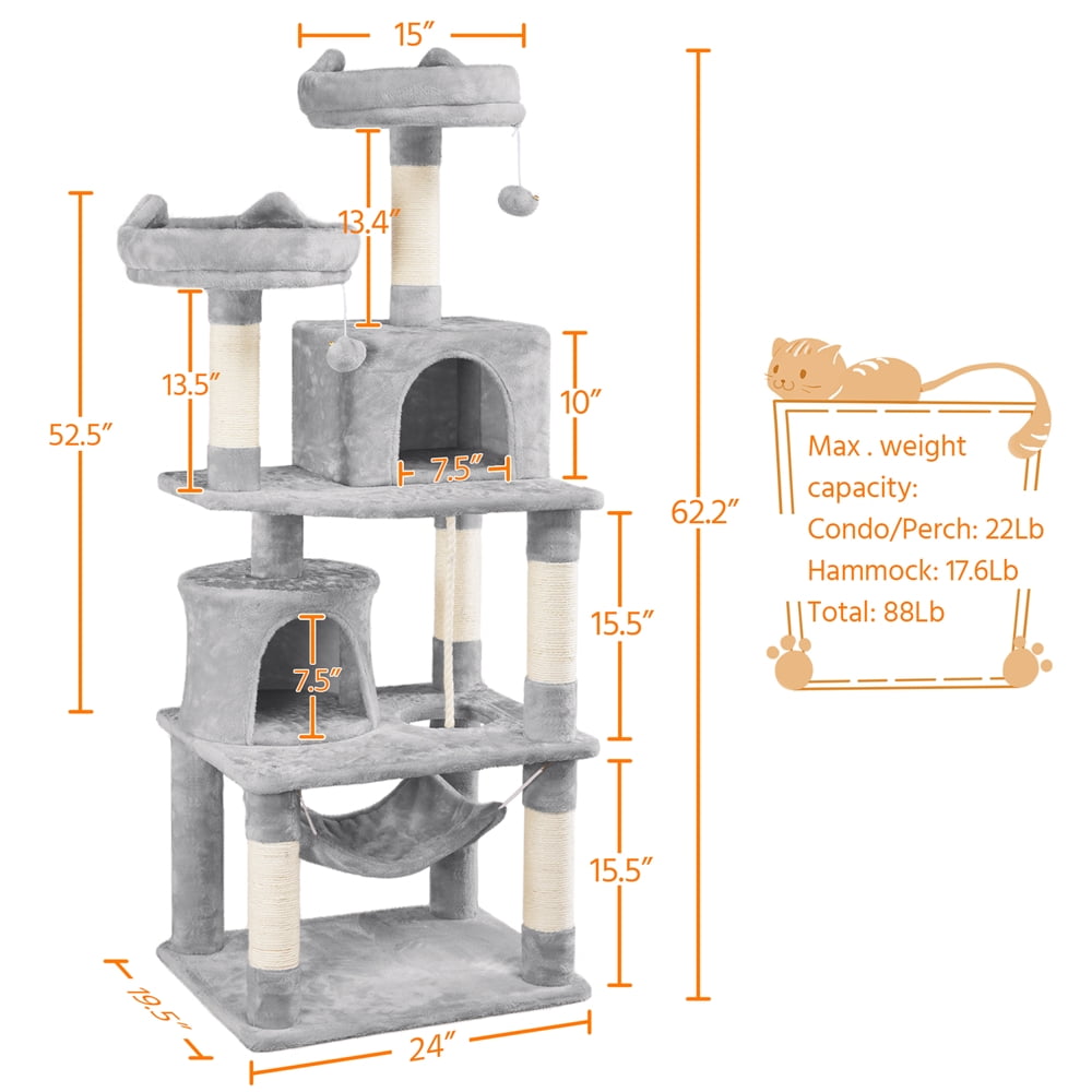 Alden Design 62" Double Condo Cat Tree and Scratching Post Tower, Light Gray