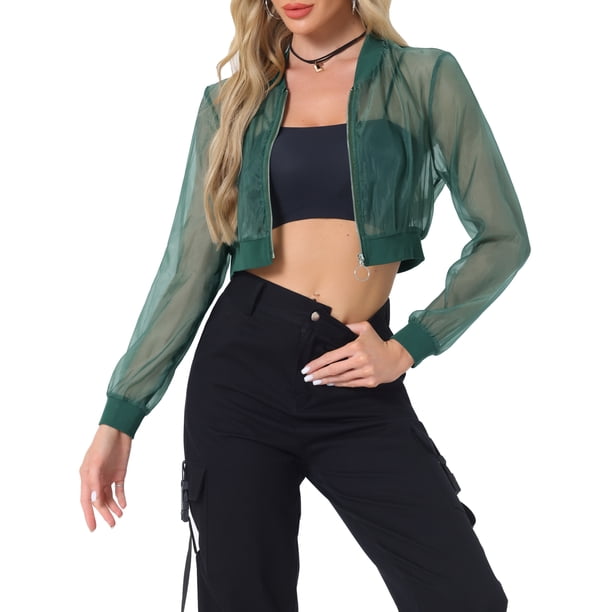 Chaqueta Bomber Crop INSPIRE CHIC para mujer, chaquetas ligeras de manga larga de malla transparente L Verde
