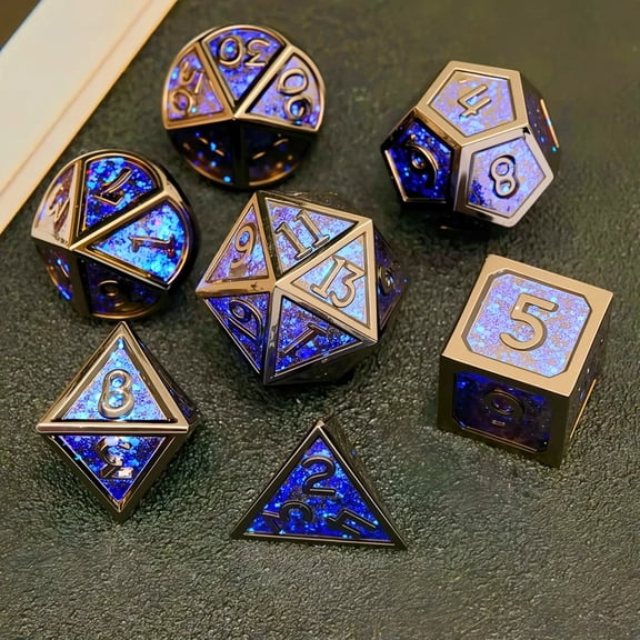 DND Metal Dice Set (7 pieces), a multi-faceted dice set for the role-playing game Dungeons and Dragons and board game.