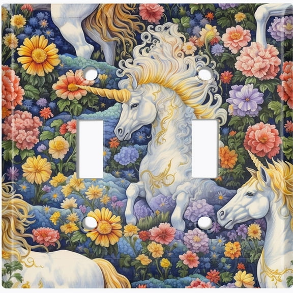 Metal Light Switch Wall Plate Outlet Cover (Printed Image of Whimsical Fairytale Unicorn Garden - Double Toggle)