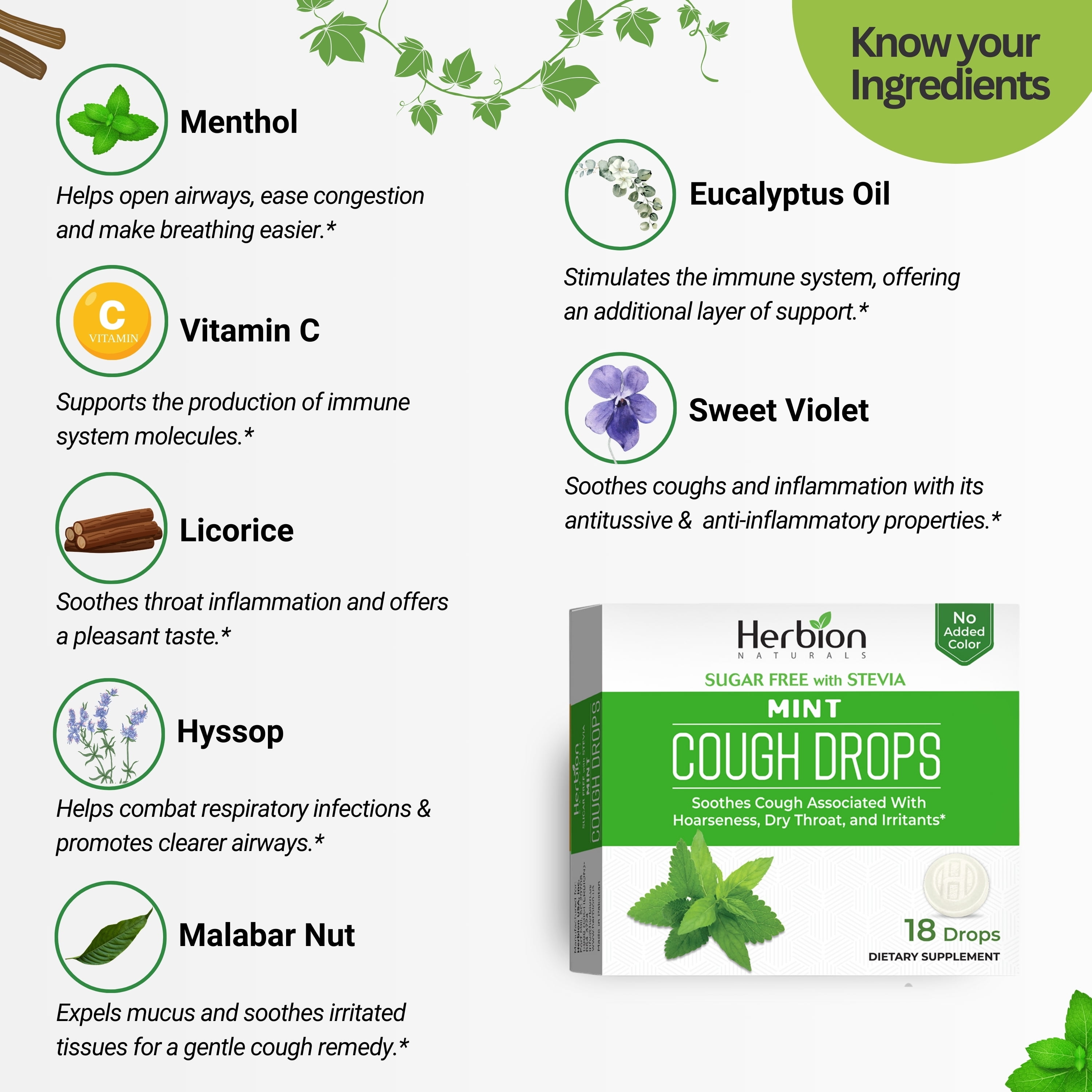 Herbion Naturals Cough Drops with Natural Mint Flavor, Sugar-Free with Stevia, Dietary Supplement, Soothes Cough, For Adults and Children over 6 years, 18 Drops - 6 Packs (108 Lozenges)