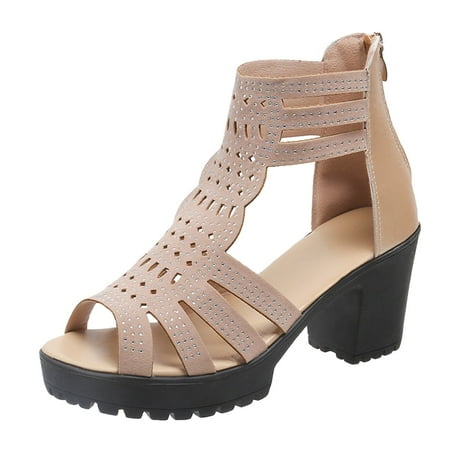 

Womens Sandals Fashion Summer Women Sandals Thick Sole High Heel Hollow Breathable Rhinestone Fish Mouth Zipper Women S Sandals Artificial Leather Gold 38