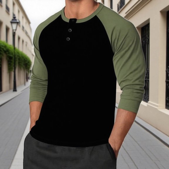 SYMOID Mens Army Green Henley Raglan Sleeve Shirt, Long Sleeve Color Block Contrast Design, Polyester Spandex Soft Stretch, Easy Care Machine Washable, S-XXXL,Size L