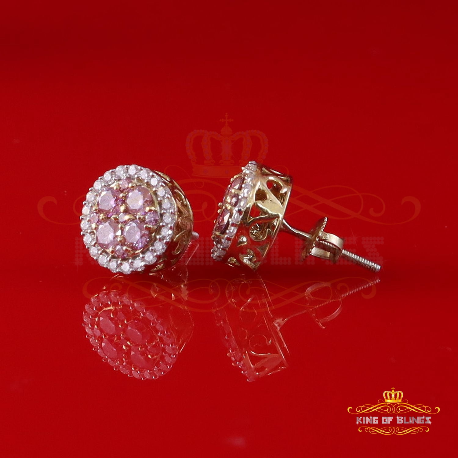 King of Bling's 925 Silver Yellow 1.00ct VVS D Pink Moissanite Round Men's/Women's Stud Earrings