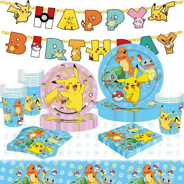Forfamy Pokemon Birthday Party Supplies, Holiday Party Pack Tableware Decorations with Paper Plates and Napkins Banner Tablecloth Serves 16