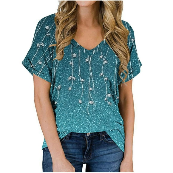 Camisetas Casuales de Mujer 2025 Gradiente Cuello Redondo de Manga Corta, Suelto Cómodo Poliéster