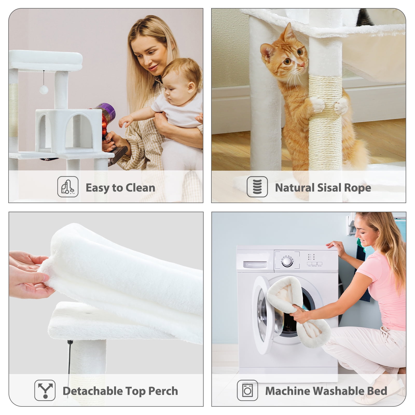 Kadyn 56" Wood Cat Tree Tower for Large Cats, Cat Tree House for Indoor Cats with Cozy Cat Condo, Super Large Hammock and Plush Perches, White