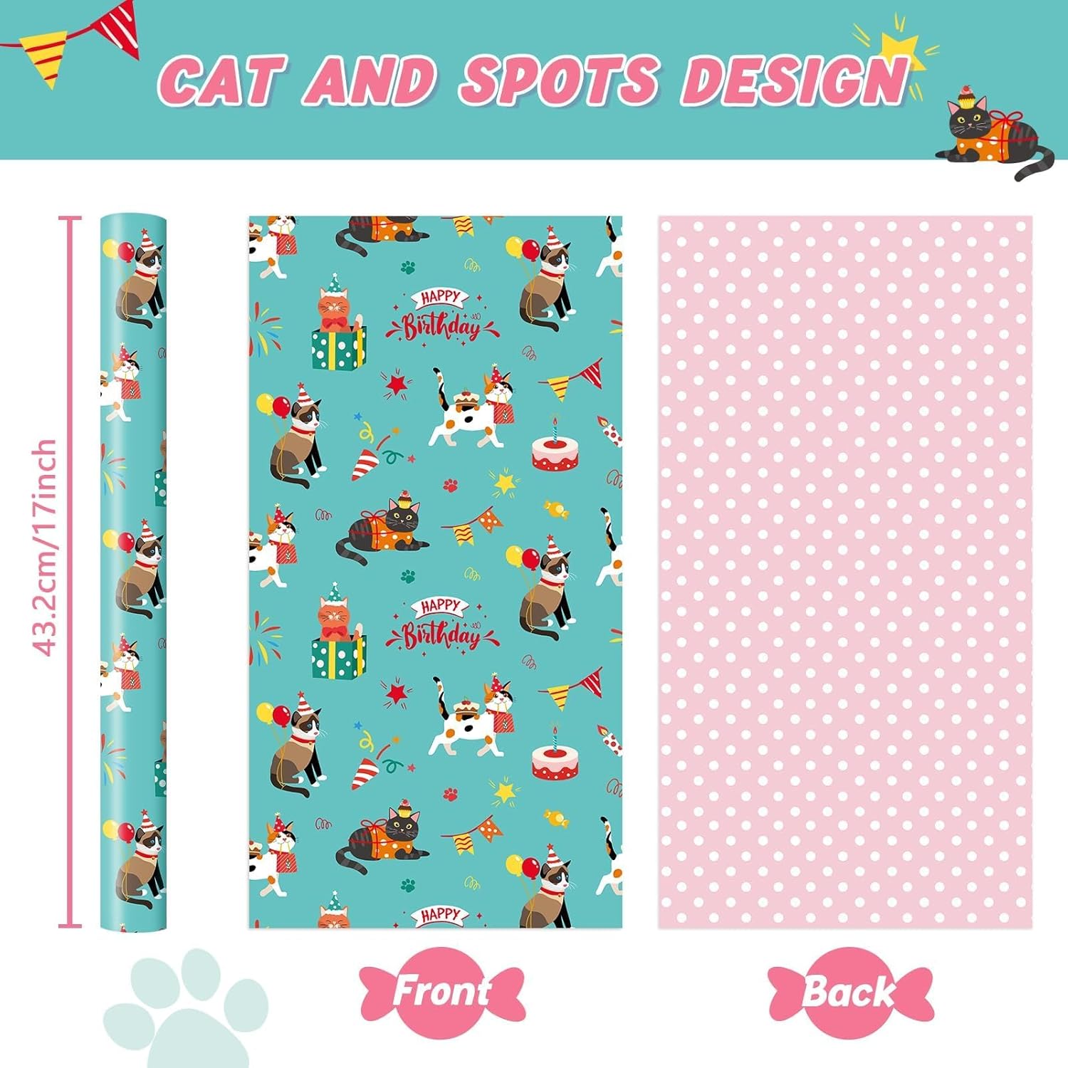 Cat Birthday Wrapping Paper Roll - 1 Roll 17” X 33 ft Cat Gift Wrapping Paper Roll Girls Kids Birthday Green Pink Wrap Paper with Polka Dot Design for Gift Packing Supply