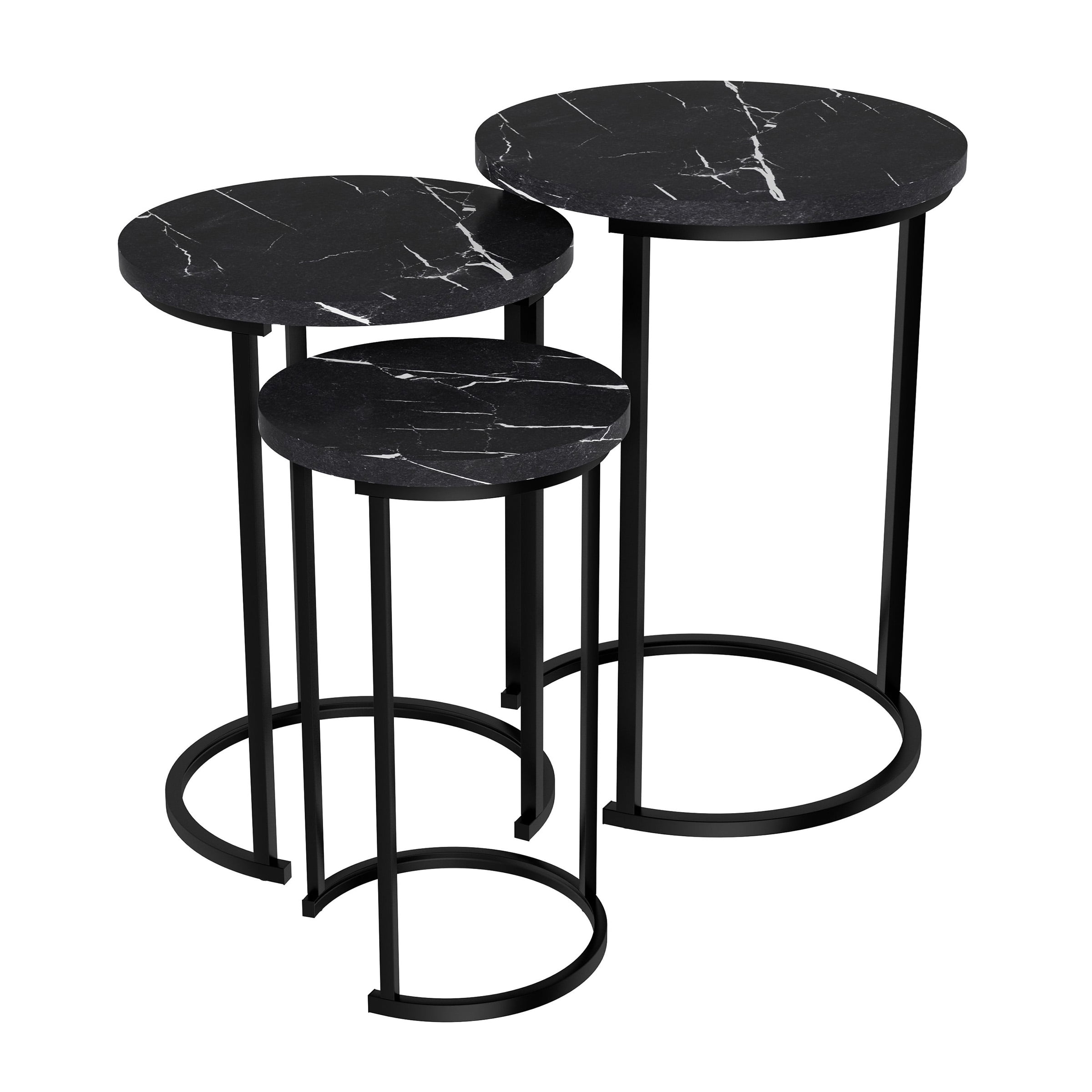 Lavish Home Set of 3 Round Nesting Tables for Living Room (Black Marble)