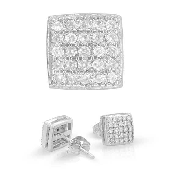 BEBERLINI Men Stud Earrings Cubic Zirconia Silver Plated Brass Fashion Jewelry Square