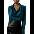 thumbnail image 2 of Blusa Elegante de Satén de Seda para Mujer, con Cuello Vuelto, Fruncido en la Parte Delantera, Drapeada, Larga, para Oficina y Trabajo. Azul Pavo Real S, 2 of 6
