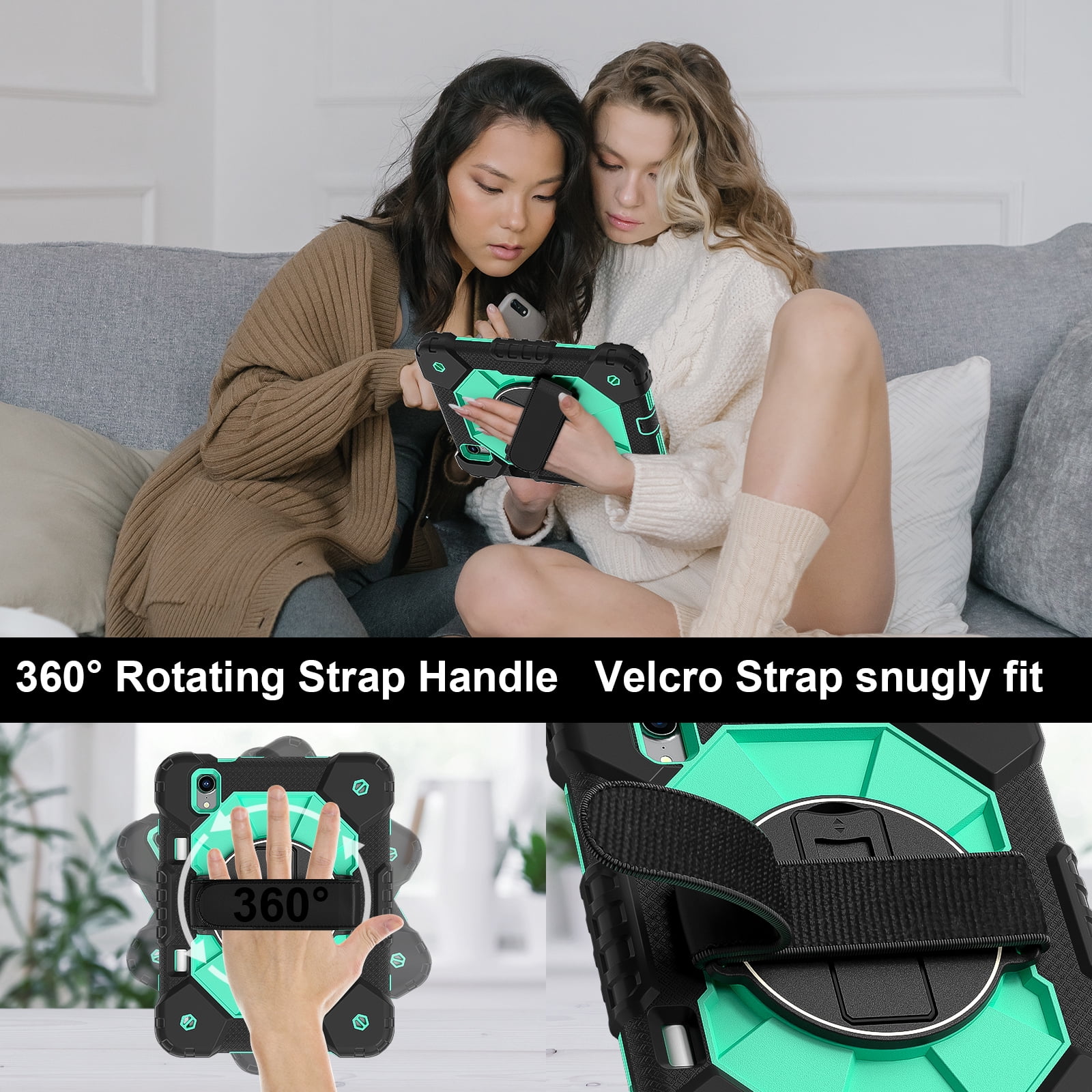 For iPad Mini 7th 6th Generation Case with Pencil Holder, Heavy Duty Shockproof Ruggd Rotating Kickstand Hand Strap Cover Case with Shoulder Strap Kids Friendly Case for Apple iPad Mini 6 7,Black+Mint