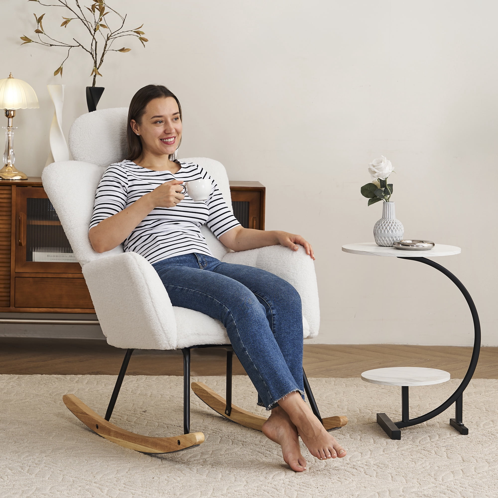 Rocking Chair With Thick Headrest, Nursery Glider Comfy Accent Chair With High Backrest, Upholstered Living Room Armchair For Home Office Living Room Nursery