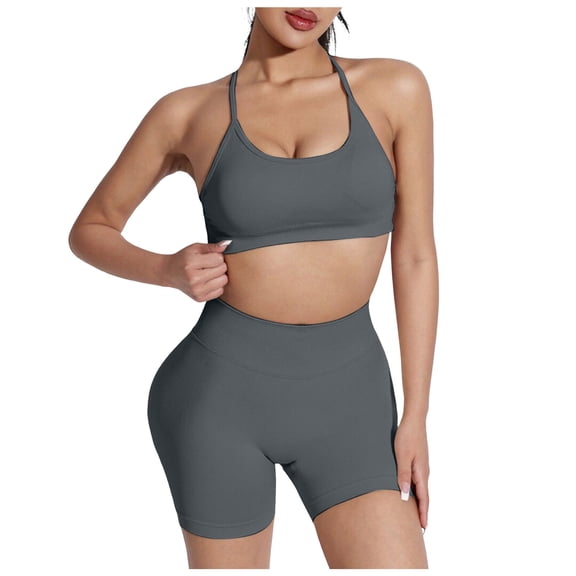 kpoplk Workout Sets for Women 2 Piece - Seamless Yoga Outfits Shorts and Padded Sports Bra Gym Athletic Clothing Set(Grey,M)