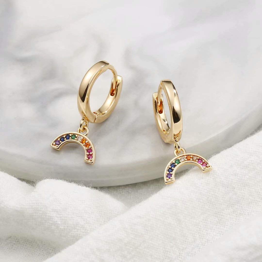 Turandoss Rainbow Huggie Hoop Earrings for Women 14K Gold Plated Dainty Colorful Cubic Zirconia Dangle Hypoallergenic Jewelry Gifts for Women Girls