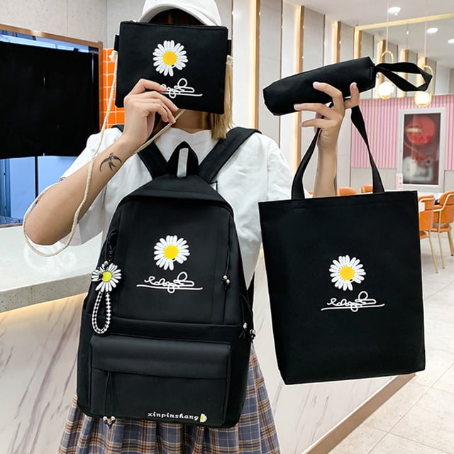 Bolsa 4 unids/set Mochila de lona chica estudiante Margarita Mochila pluma bolso de mano (negro)