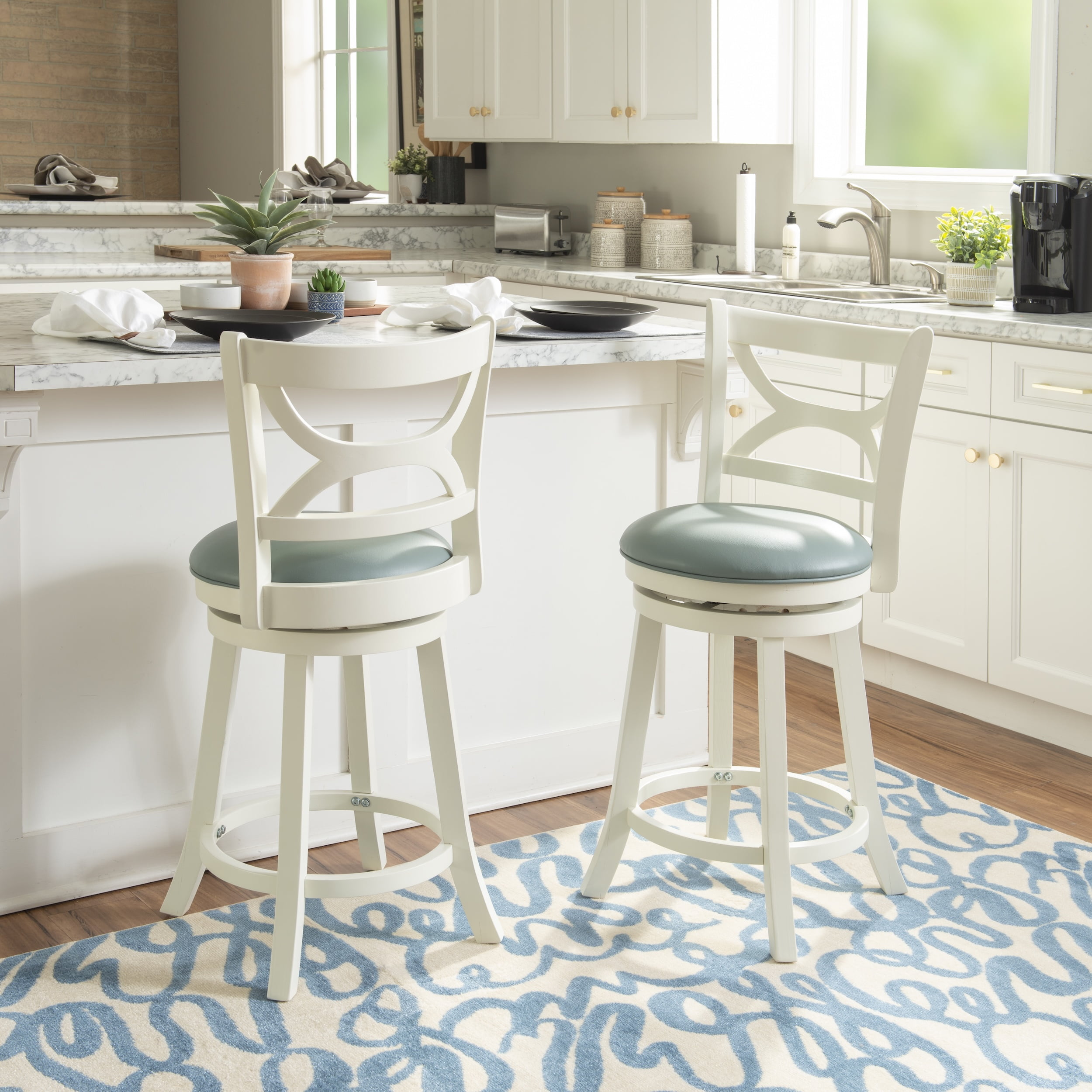 Powell Sawyer Counter Stool, 24" Seat Height, Cream Finish with Sky Blue Fabric