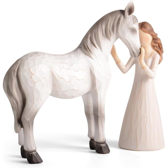 Girl Embraces Horse Figurine, Hand-Painted Resin Statue for Horse Lovers, Equestrian Decor for Home Shelf, Cowgirl Gift,white
