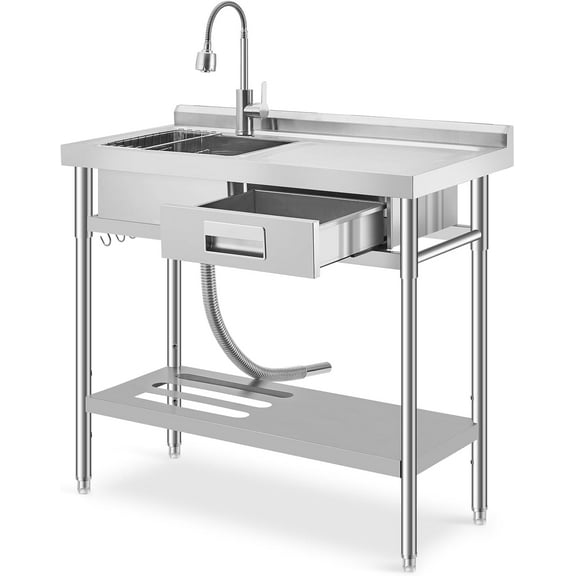 Trilenars Utility Sink with Workbench - Right Drawer,Freestanding Stainless Steel Commercial Kitchen Sink with Faucet,Hot & Cold Water,Storage Shelf,S-Hook,Knife Holder,Adjustable