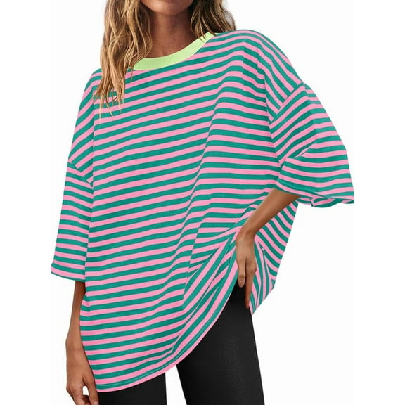 Womens Oversized Striped T Shirts Loose Fit Crewneck Short Sleeve Tops Summer Casual Blouse Y2K 2025 Basic Tee Green S