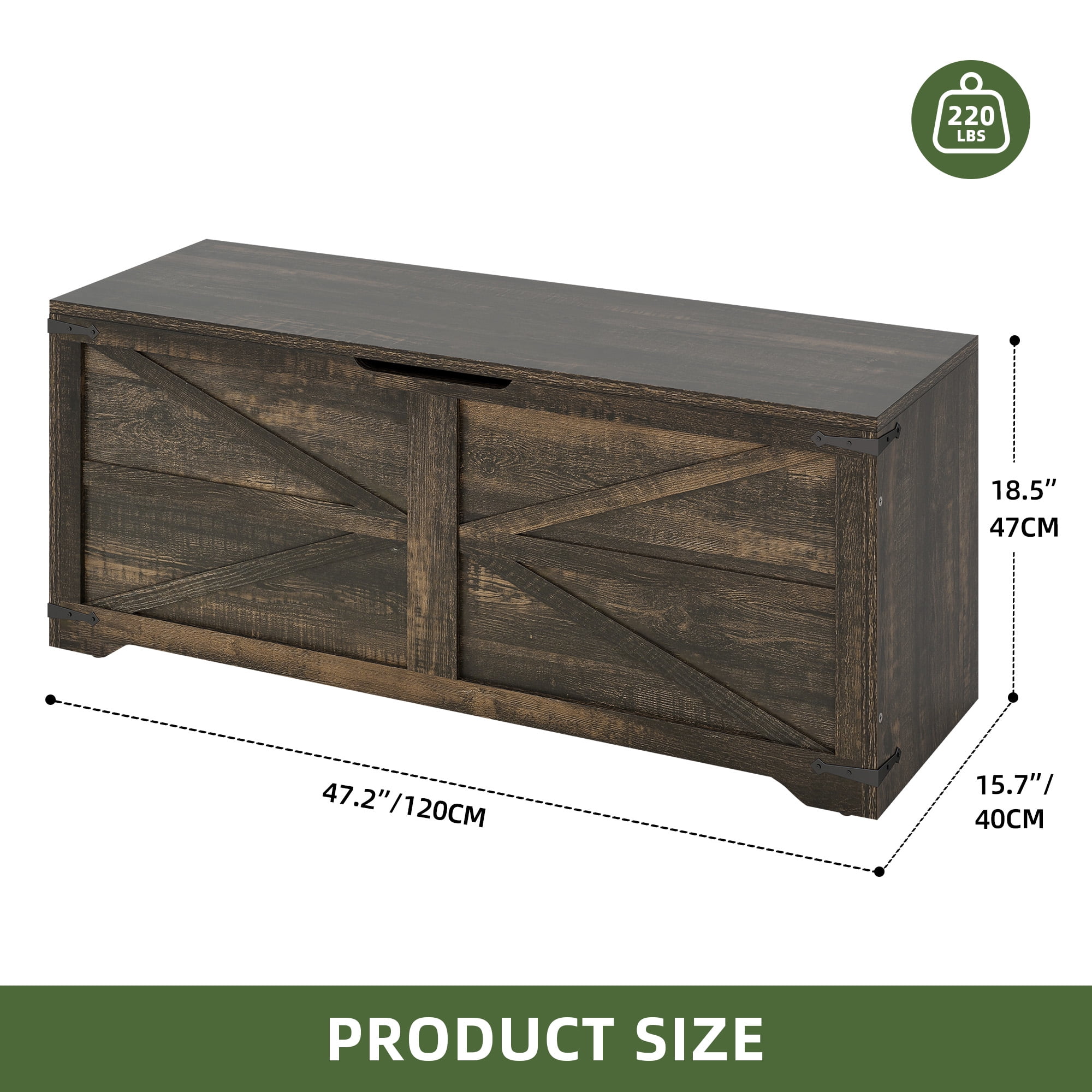 Uforic 47.2" Farmhouse Storage Bench, Wooden Chest with Safety Hinges, Shoe Organizer - Rustic Brown