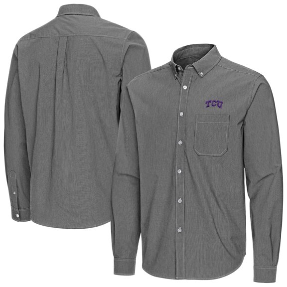 Men's Antigua Black TCU Horned Frogs Porter Woven Tri-Blend Long Sleeve Button-Down Shirt