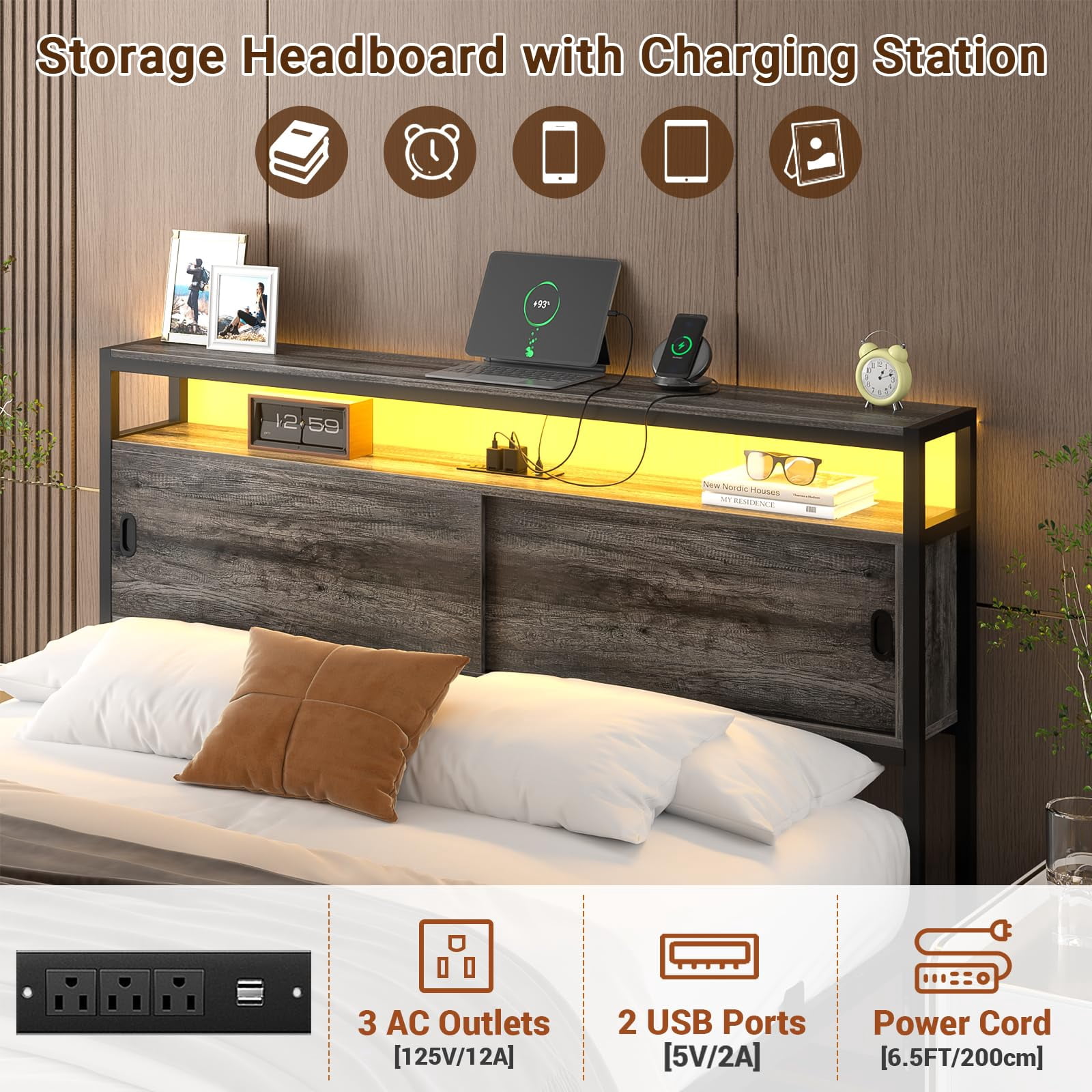 Aheaplus Full Size Bed Frame - Storage Headboard Bed with Sliding Doors, LED Lights & USB Charging Station, Metal Platform Bed Frame, No Box Spring Needed,Gray Oak