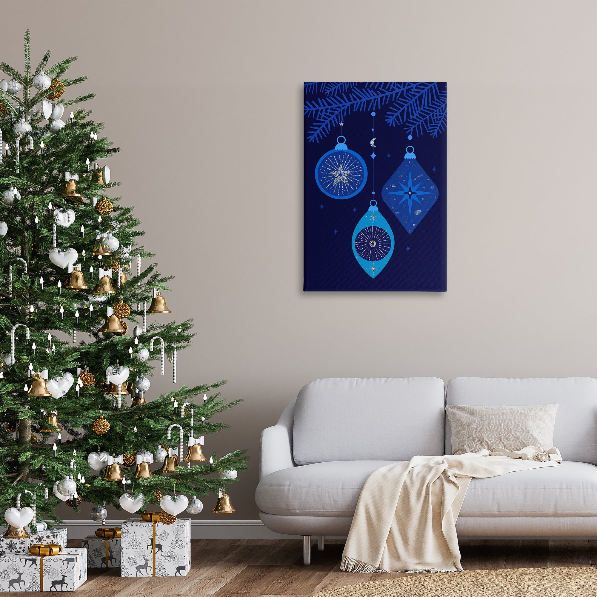 Stupell Industries Blue Hanging Ornaments Holiday Painting Gallery Wrapped Canvas Art Print Wall Art, 24 x 36