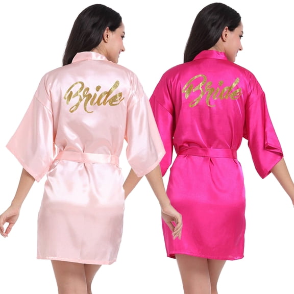 LYMAYTER Women Satin Kimono Bathrobe Bride Bridesmaid Robes with Gold Glitter or Rhinestones S-2XL